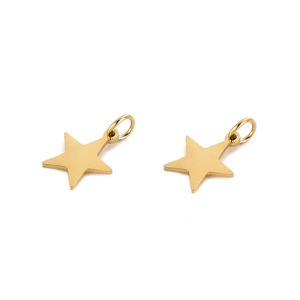 Detail shot of two gold star pendants with jump rings on a white background