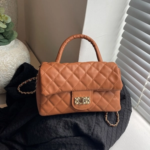 Elegant brown quilted PU leather square handbag with gold chain strap and turn-lock