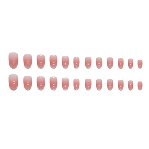 Pink ombre press-on nails with silver glitter tips in short oval shape, 24 pieces set