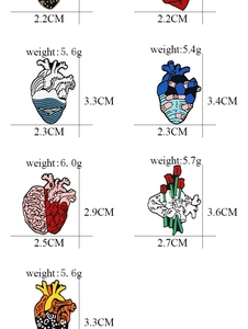 Detailed size and weight specs for various creative heart-shaped enamel brooch pins