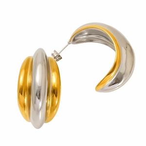 Minimalist gold and silver two-tone C-shape stainless steel stud earrings for women