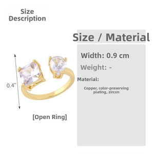 Detail of adjustable gold ring with square and teardrop cubic zirconia measuring 0.9cm wide