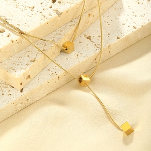 Minimalist Stainless Steel Double Layered Cube Pendant Necklace For Women Gold Plated Snake Chain Geometric Jewelry