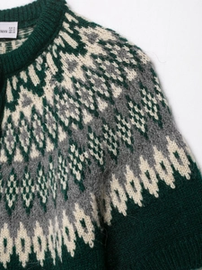 Macro view of dark green Fair Isle jacquard knit texture and ribbed round neckline