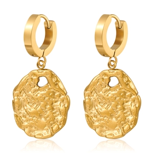 Polished gold earrings with hammered texture pendants on a white background