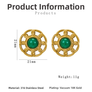 Detail view of 21mm retro stainless steel earrings with green stone and gold frame