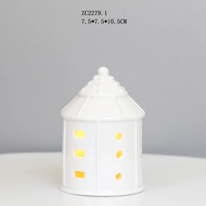 Close-up of white ceramic LED house lamp with 7.5x7.5x10.5cm dimensions and warm light