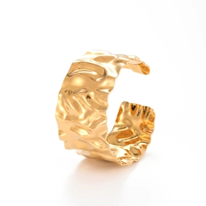 Adjustable wide gold stainless steel open bangle with unique hammered texture for women