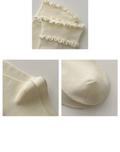 Detail of cream white cotton socks showing ruffled cuffs and reinforced heel texture