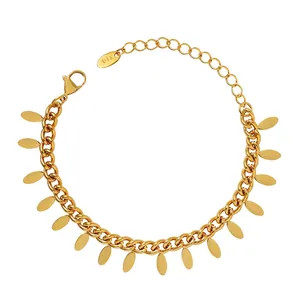 Thai Style Minimalist Oval Leaf Tassel Charm Bracelet Titanium Stainless Steel Plated Gold Adjustable Link Chain For Women Elegant Accessory