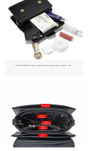 Internal structure showing five compartments of this black leather crossbody handbag