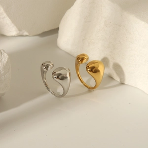 Minimalist polished stainless steel open rings in gold and silver irregular fluid shapes