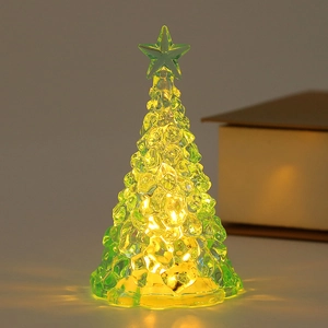 Macro shot of green crystal Christmas tree LED light with ice crack texture and warm glow