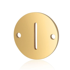Polished gold stainless steel round charm with two holes and a rectangular slot