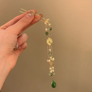 Épingle à cheveux chinoise avec fleur en verre, glands dorés et pendentif goutte vert