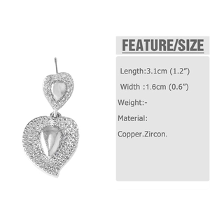 Detail view of silver heart drop earrings showing 3.1cm length and 1.6cm width dimensions