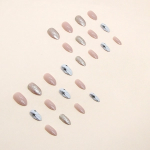 Almond press-on nails with marble texture and glitter sequins in 24-piece set