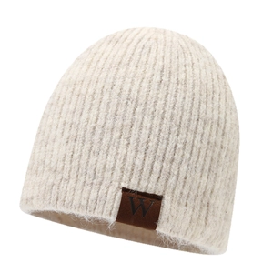 Winter striped knit beanie in beige wool blend with a vintage leather logo patch