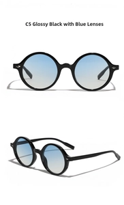 Detail of round oversized retro sunglasses in shiny black frame with blue gradient lenses
