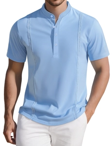 Detail of light blue short sleeve polo shirt with vertical stripes and mandarin collar