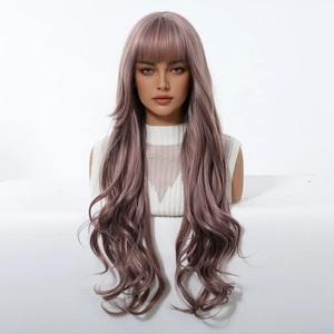 Detail of long wavy synthetic wig in smoky pink with natural bangs on mannequin