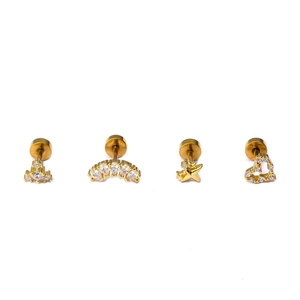 Set aus vier goldenen 16G Edelstahl-Ohrsteckern mit Zirkonia-Schmetterling und Herzform