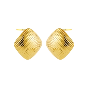 Detailed view of square 18k gold plated stainless steel earrings with vertical stripe texture
