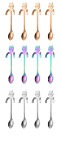 Set of 12 stainless steel cat-shaped spoons in rose gold, rainbow, and silver finishes