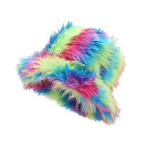 Rainbow gradient faux fur bucket hat with long plush texture and colorful tie-dye patterns
