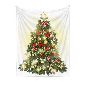 Dettaglio del motivo dell'albero di Natale su arazzo bohémien con fiocchi e palline