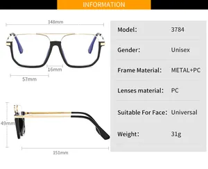 Detail view of large square blue light blocking glasses with exact dimensions and 31g weight