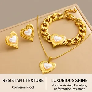 Detail view of gold stainless steel jewelry set with heart-shaped pearl inlays