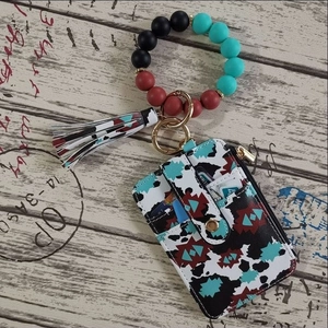 Silicone bead wristlet keychain with Western pattern card holder and leather tassel