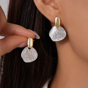 Geometric Oval Shell Textured Earrings Alloy Two Tone Metallic With 925 Sterling Silver Earring Post For Women