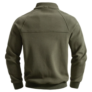 Back view of army green ribbed sweatshirt with raglan sleeves and stand collar