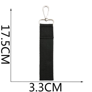 Detailed size specifications of the black woven strap with metal hook showing 17.5cm length