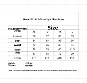 Tableau des tailles détaillé pour la robe courte style ballon avec mesures en centimètres