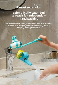 Blue elephant faucet extender and handle set for toddlers in a bathroom sink