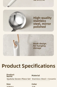 Macro detail of stainless steel ladle with white ceramic handle and rose gold hanging hook