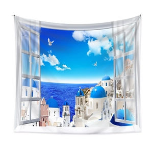 Detail of Santorini landscape wall tapestry with blue church and sea view window