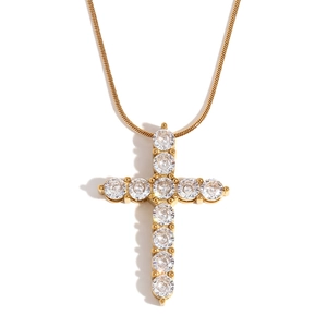 18K gold plated stainless steel cross necklace with sparkling clear gemstones