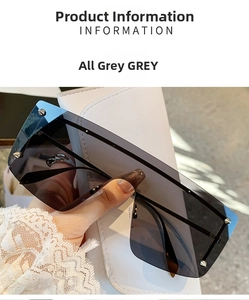 Detail of oversized square grey sunglasses with metal rivet studs on rimless lenses