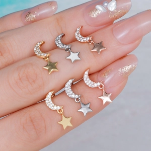 Elegant rose gold celestial moon and star stud earrings with zircon inlay for women
