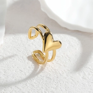 Polished 18K gold stainless steel heart ring with double-band adjustable open design