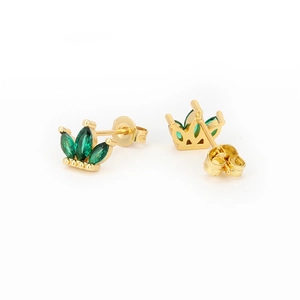 French luxury 18K gold-plated crown earrings with green marquise-cut zircon stones