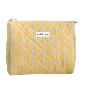 Quilted cotton checkered makeup bag in ginger yellow and grey with a top zipper