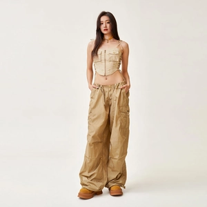 Khaki street style cargo set with zip-up cropped vest and loose wide-leg pants