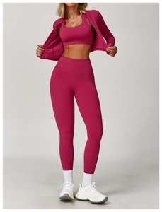 Three-piece berry red yoga set featuring U-neck sports bra and high-waisted seamless leggings