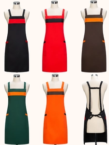 Detailed views of waterproof canvas aprons in various colors and back cross-strap design