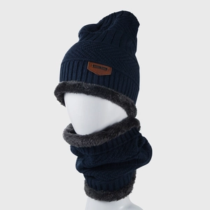 Winter knitted beanie and neck warmer set in navy blue with thick fleece lining